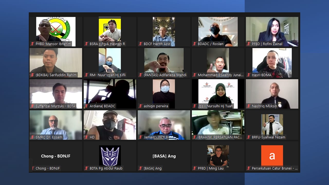 A video call grid showing approximately 20 participants with name labels from various organizations in Brunei.